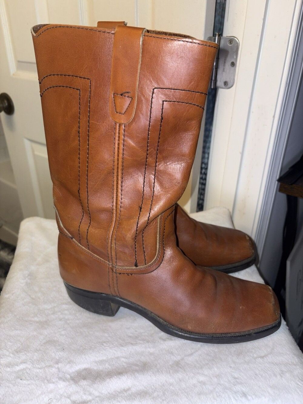 VTG Landis Boots Men Sz 10 Brown Leather Western Square Toe Campus Moto Biker